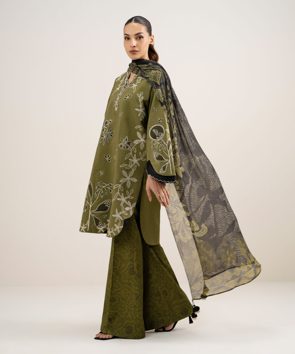 Women's Unstitched Textured Lawn Embroidered Green 3 Piece Suit