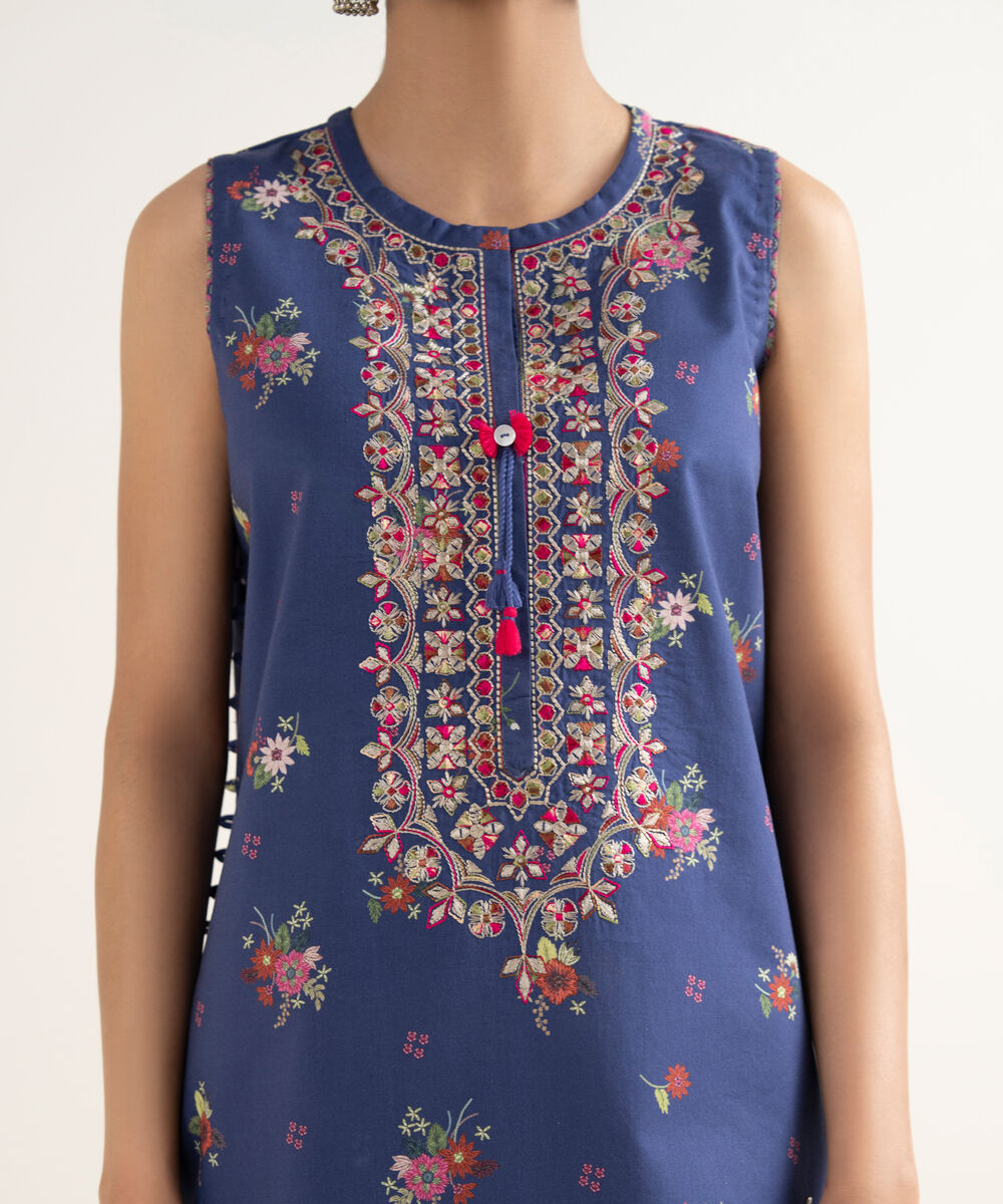 Women's Unstitched Cotton Embroidered Blue    3 Piece Suit