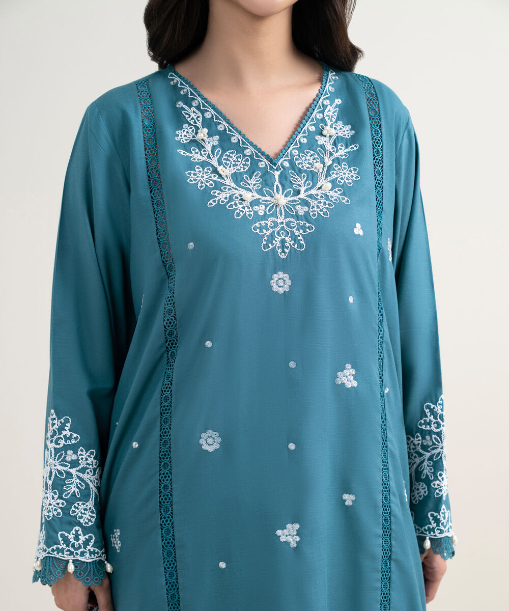 Women's RTW Raw Silk Viscose Embroidered Blue 3 Piece Suit