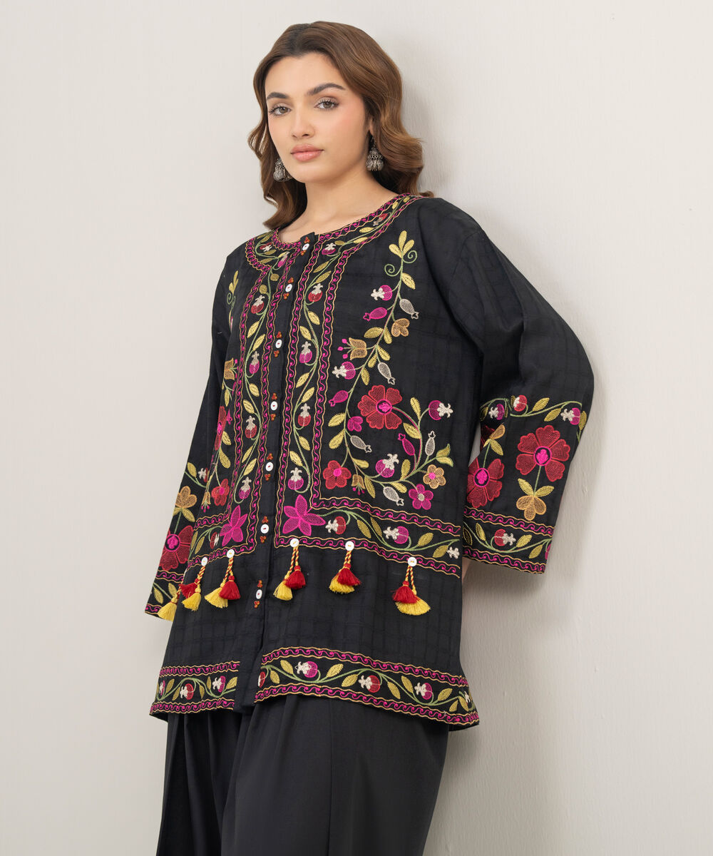 Women's RTW Dobby Embroidered Black Drop Shoulder Shirt