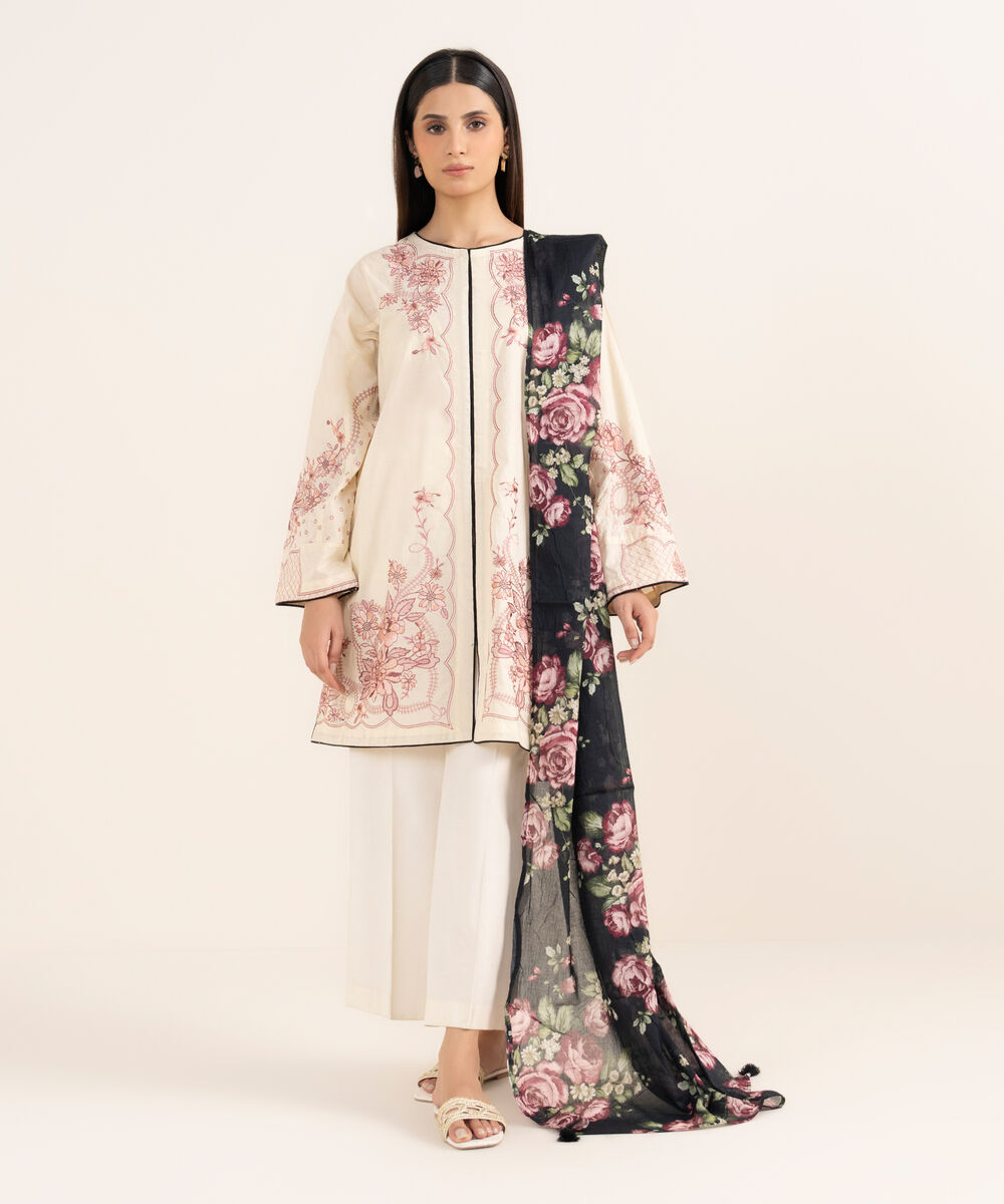 Women's RTW Textured Lawn Off White Embroidered A-Line Shirt