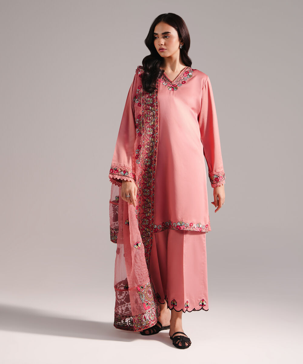 Blended Organza Embroidered Pink Dupatta