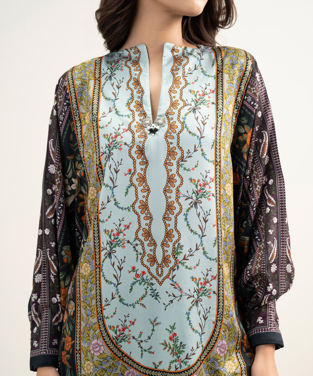 Women's RTW Premium Visocose Satin Printed Dark Blue Drop Shoulder Shirt