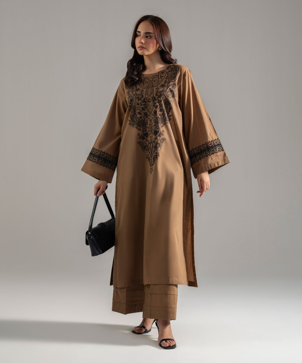 Women's RTW Lawn Solid Embroidered Dark Beige Straight Shirt