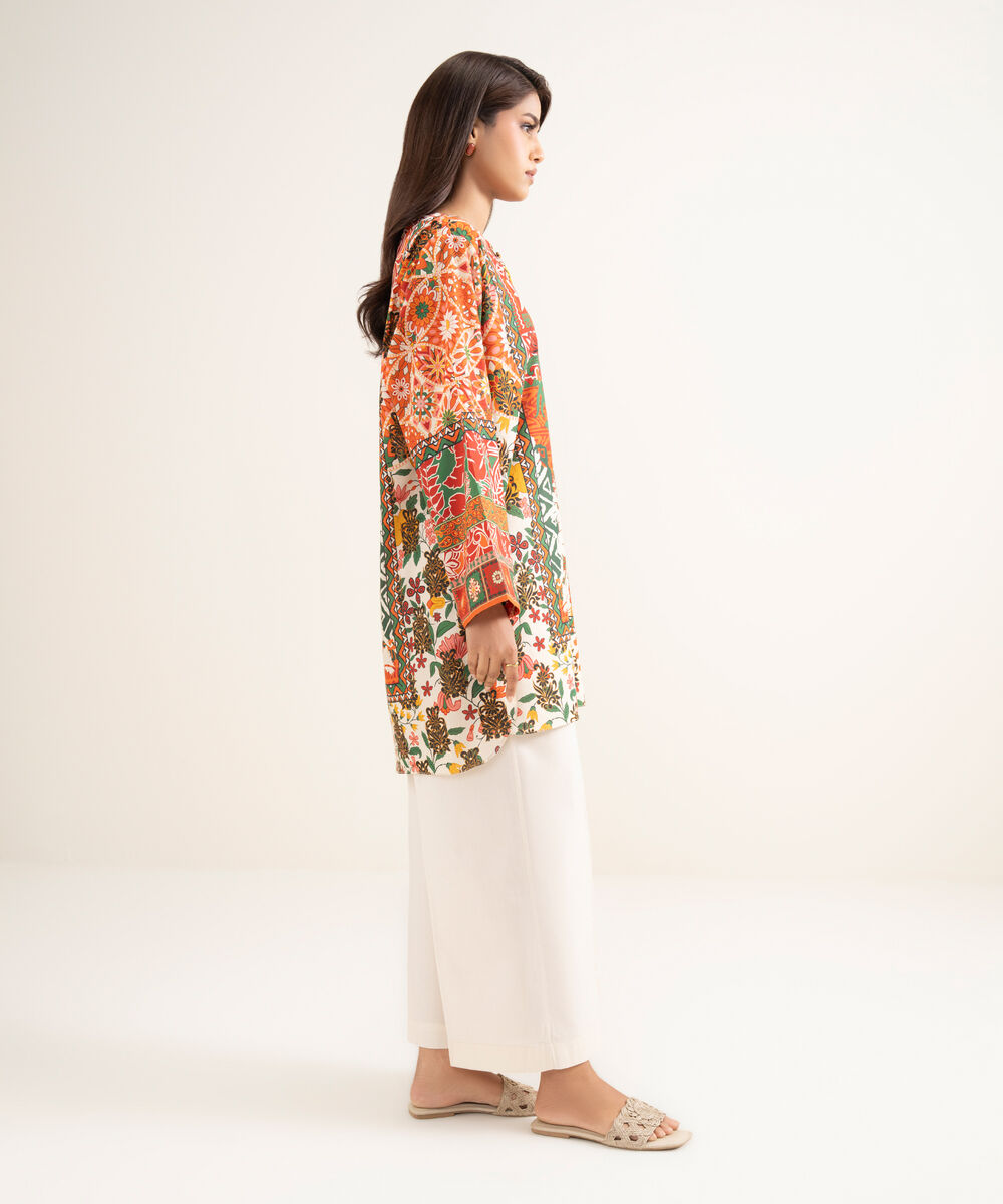 Women's RTW Lawn Printed Orange Straight Shirt