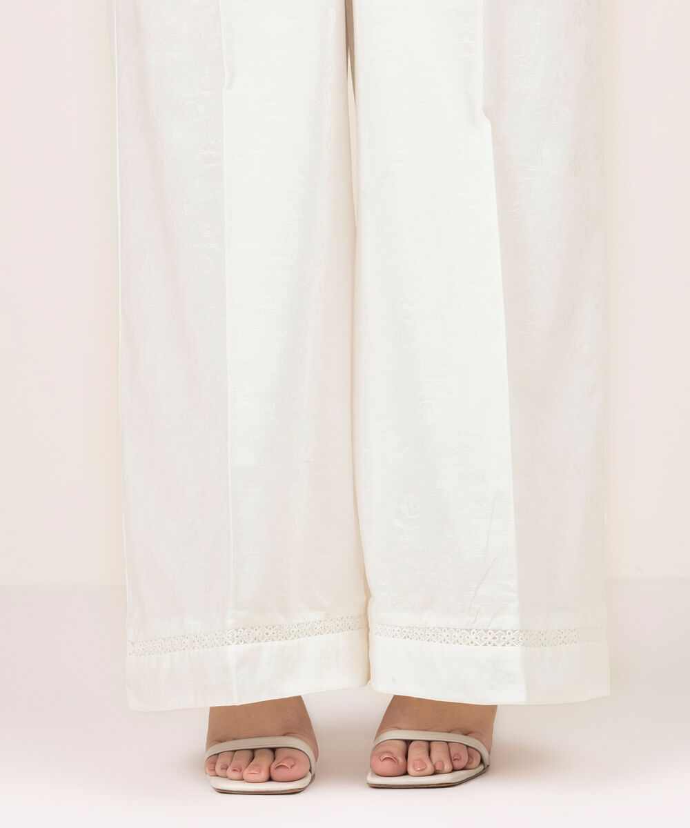 Women's RTW Self Jacquard Solid White Flared Pants