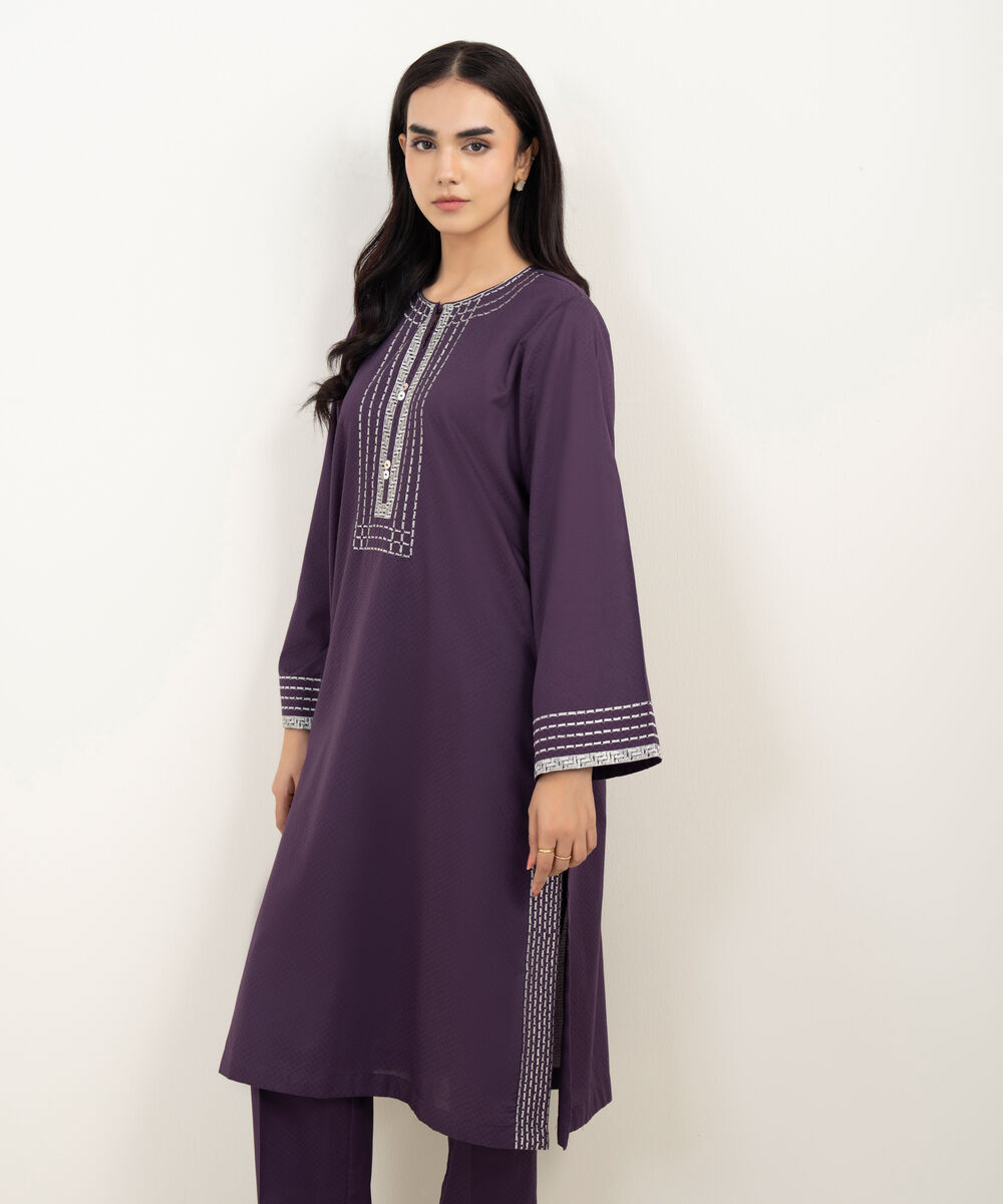 Women's RTW Dobby Embroidered Purple A-Line Shirt