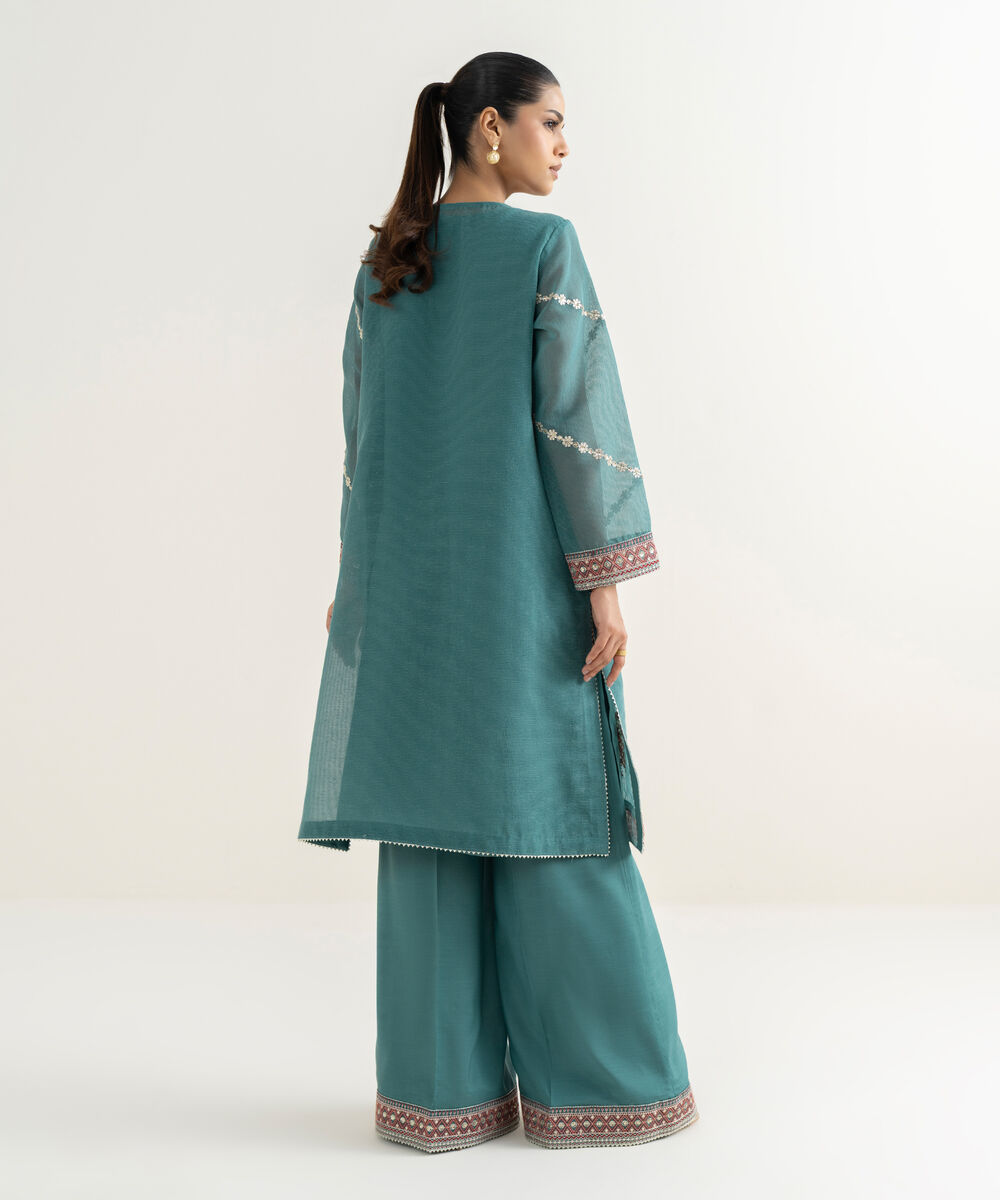 Women's RTW Blended Textured Karandi Embroidered Straight Blue Shirt