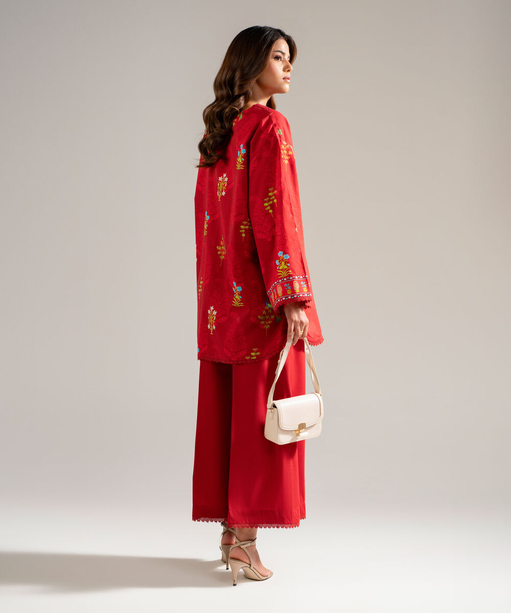 Women's RTW Slub Lawn Printed Red Drop Shoulder Shirt