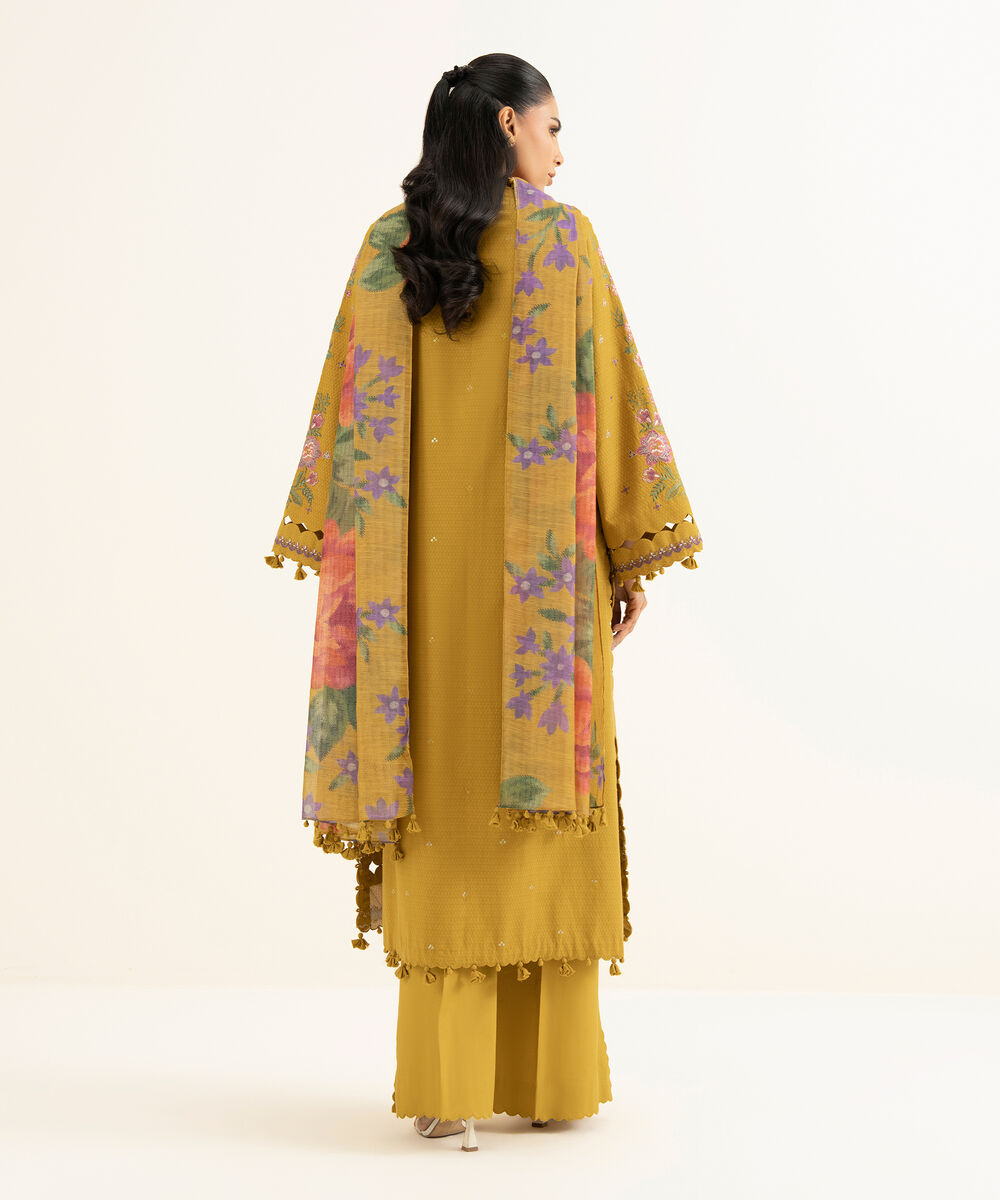 Women's Unstitched Dobby Embroidered Yellow 3 Piece Suit