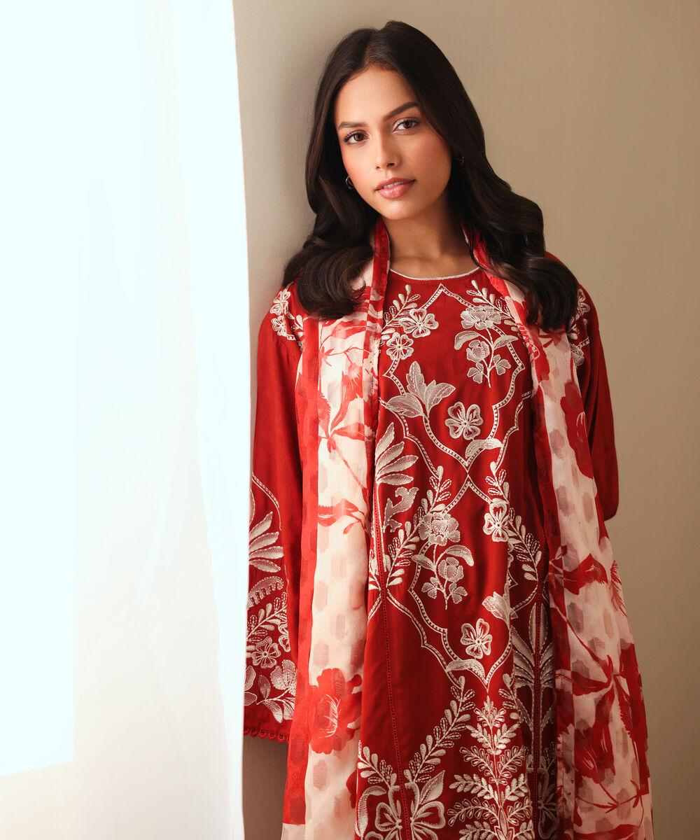 Women's RTW Arabic Self Jacquard Embroidered Orange Boxy Shirt