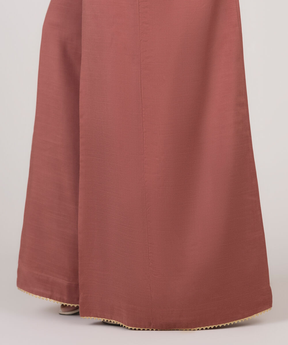 Women's RTW Viscose Raw Silk Pink Solid Flared Pants