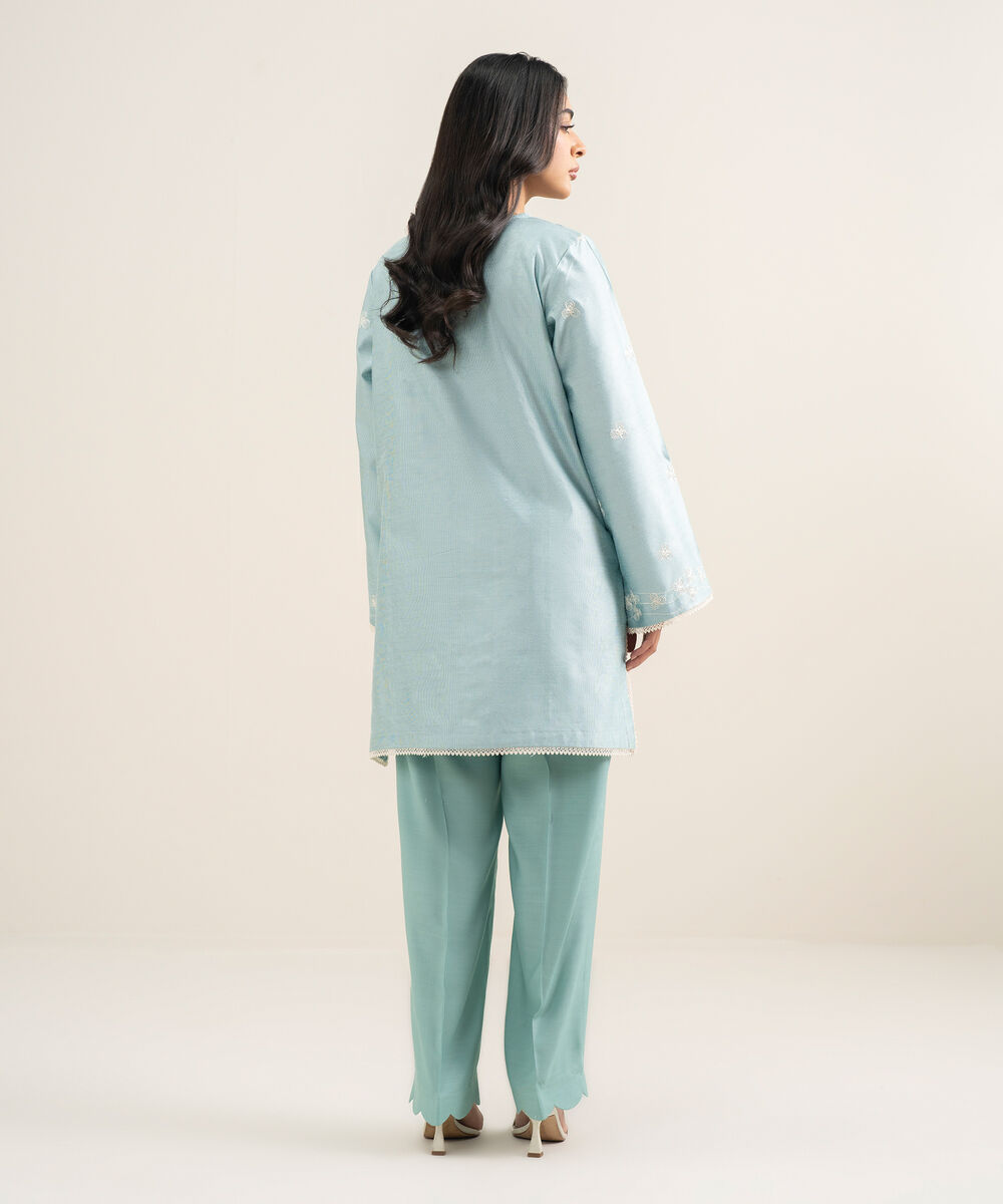 Women's RTW Silk Cotton Net Embroidered Blue 2 Piece Suit