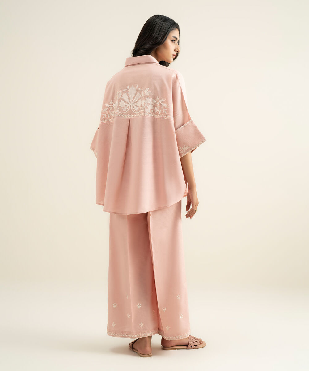 Women's RTW Dobby Embroidered Pink Drop Shoulder Shirt