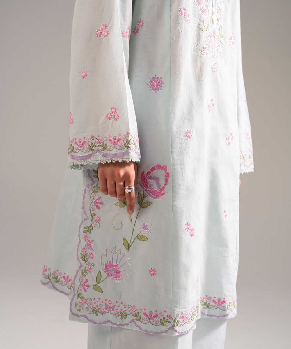 Women's RTW Self Jacquard Embroidered Light Blue 2 Piece Suit