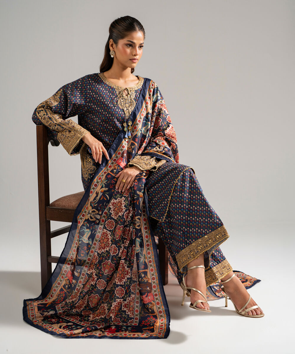 Women's RTW Dobby Embroidered Blue 3 Piece Suit