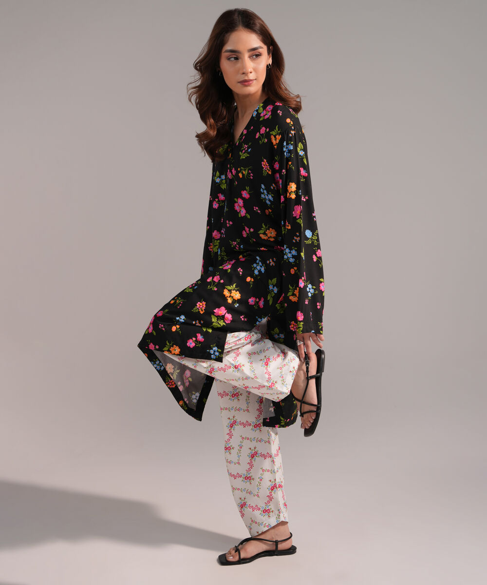 Women's RTW Arabic Lawn Printed Black Straight Shirt