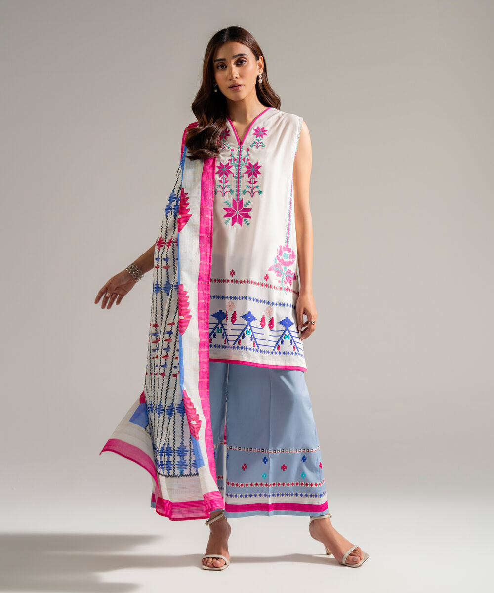 Zari Cotton Printed White Dupatta