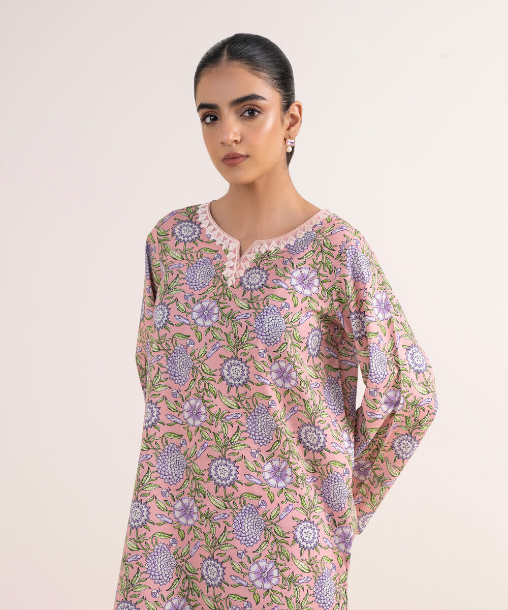 Women's RTW Textured Lawn Pink Embroidered Straight Shirt