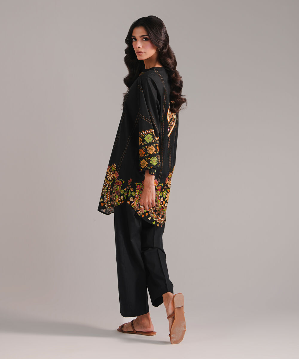 Women's RTW Cotton Viscose Printed Black Straight Shirt