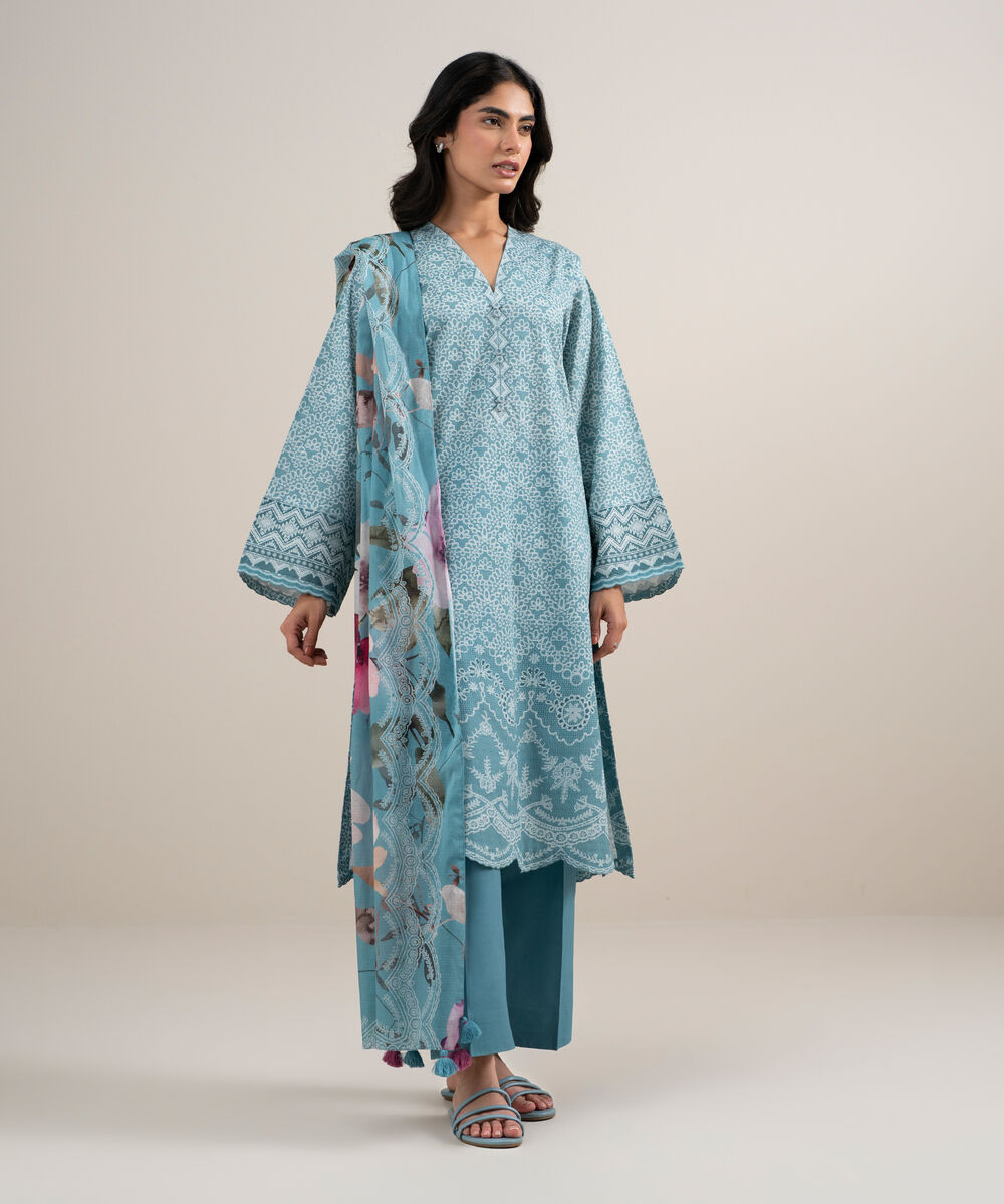 Women's Unstitched Lawn Printed Ice Blue 3 Piece Suit