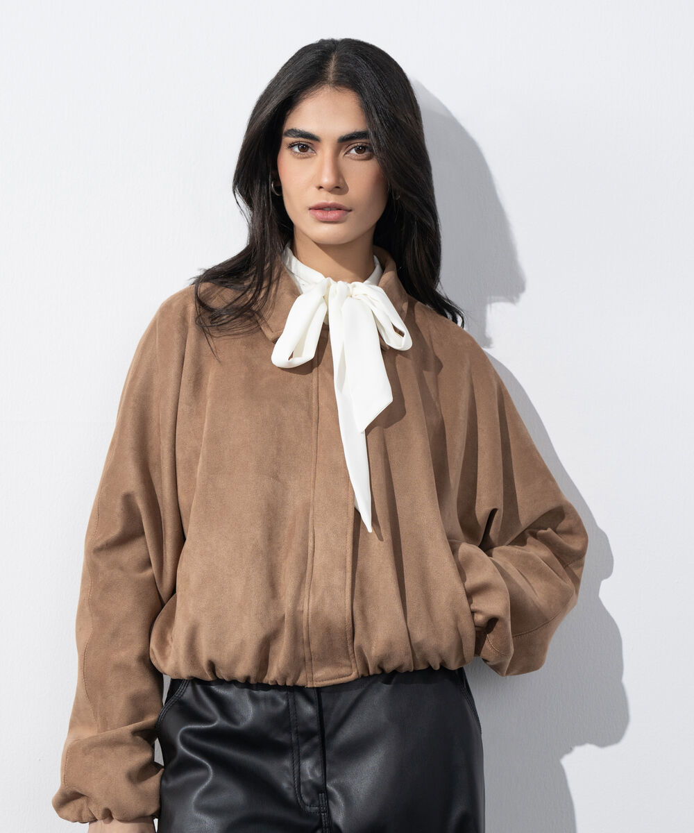 Women's Western Wear Light Camel Faux Suede Bomber Jacket