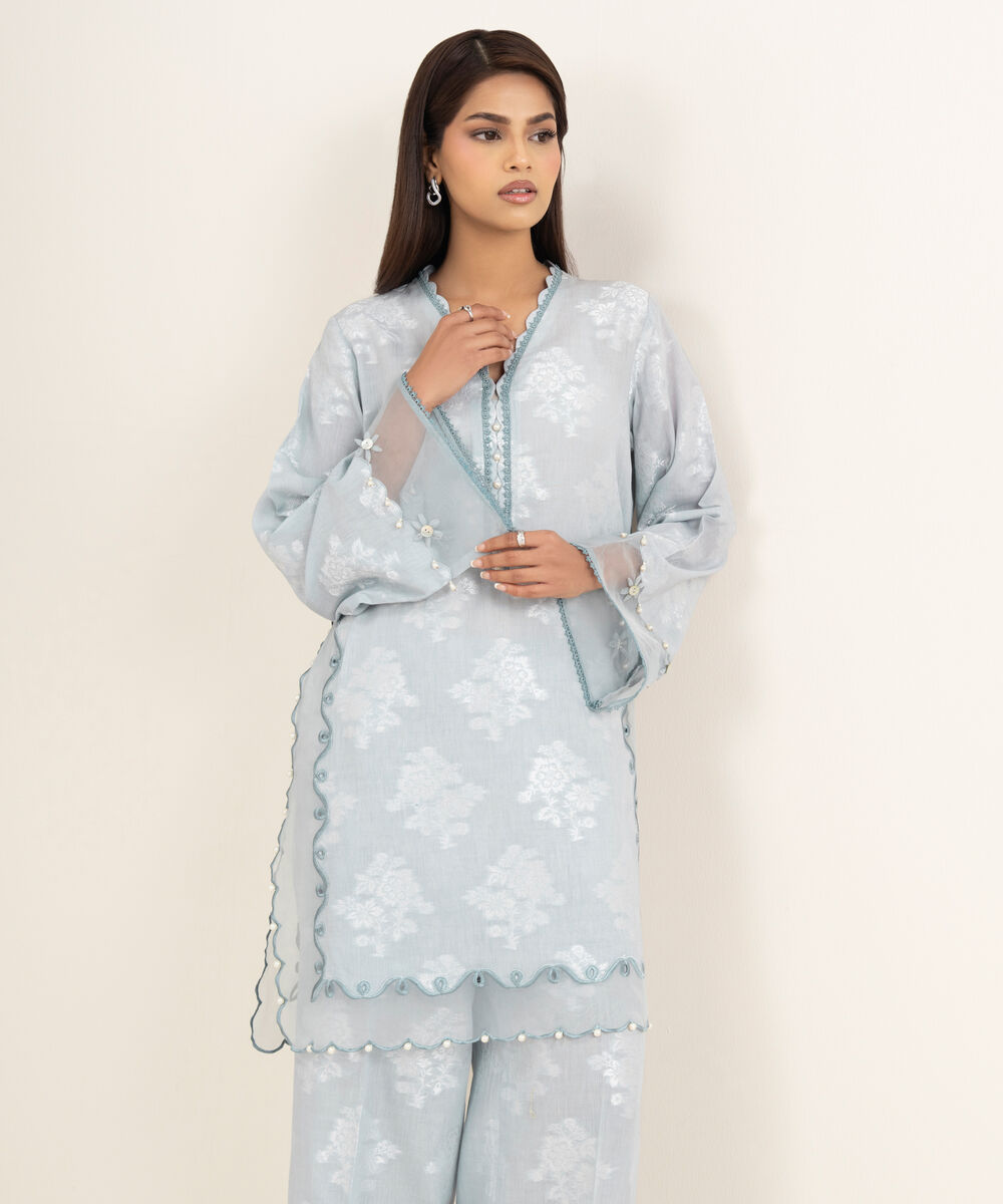 Women's RTW Zari Jacquard Embroidered Blue 2 Piece Suit