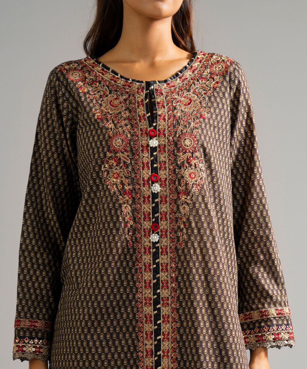 Women's RTW Dobby Embroidered Brown 3 Piece Suit