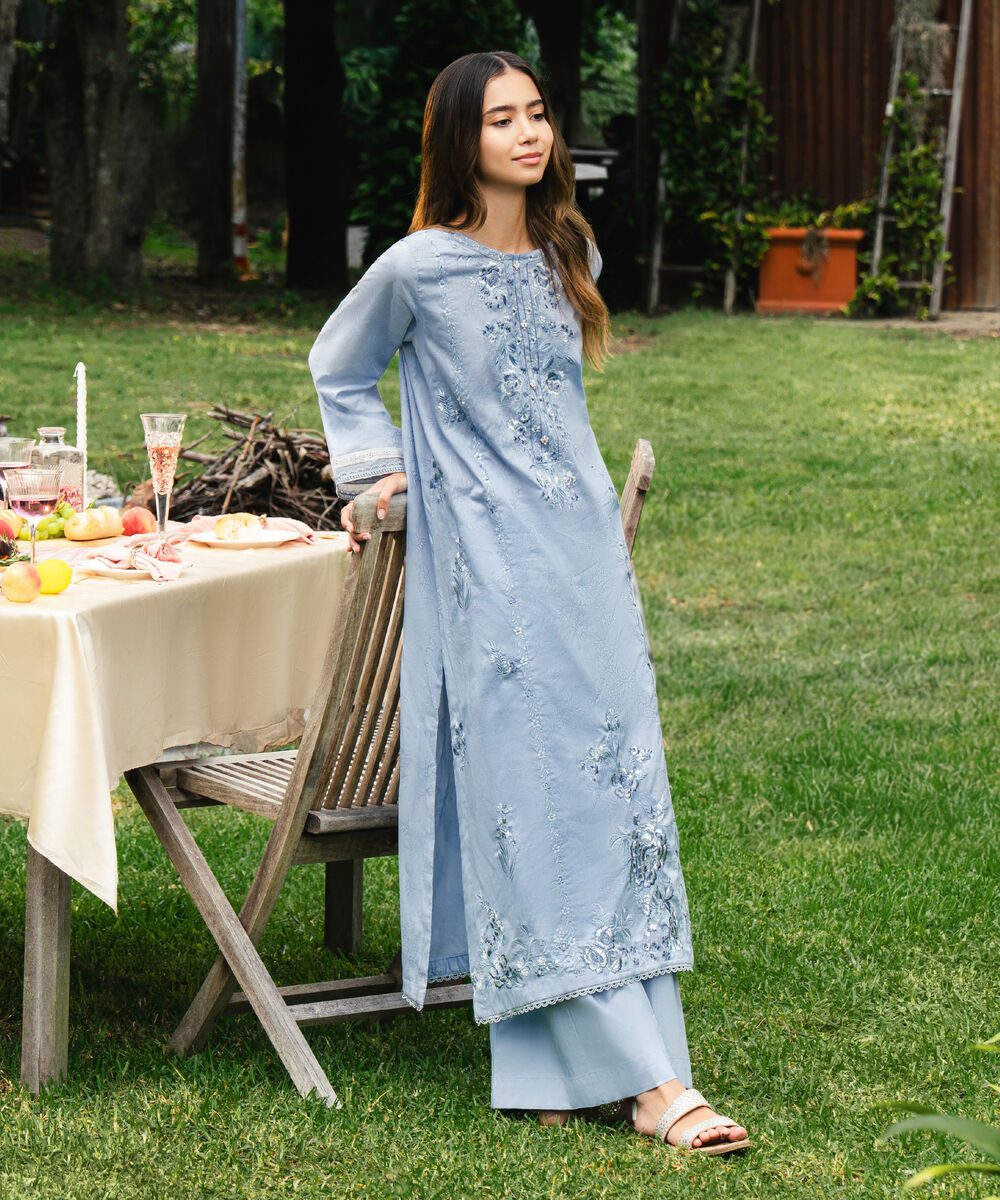 Women's RTW Self Jacquard Embroidered Blue A-Line Shirt