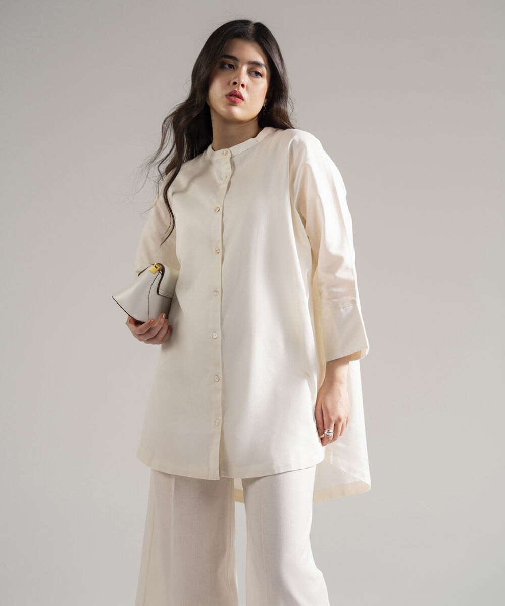 Women's RTW Cotton Linen Solid Off White 2 Piece Suit