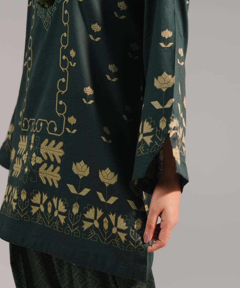 Women's RTW Cotton Satin Printed Dark Green Straight Shirt