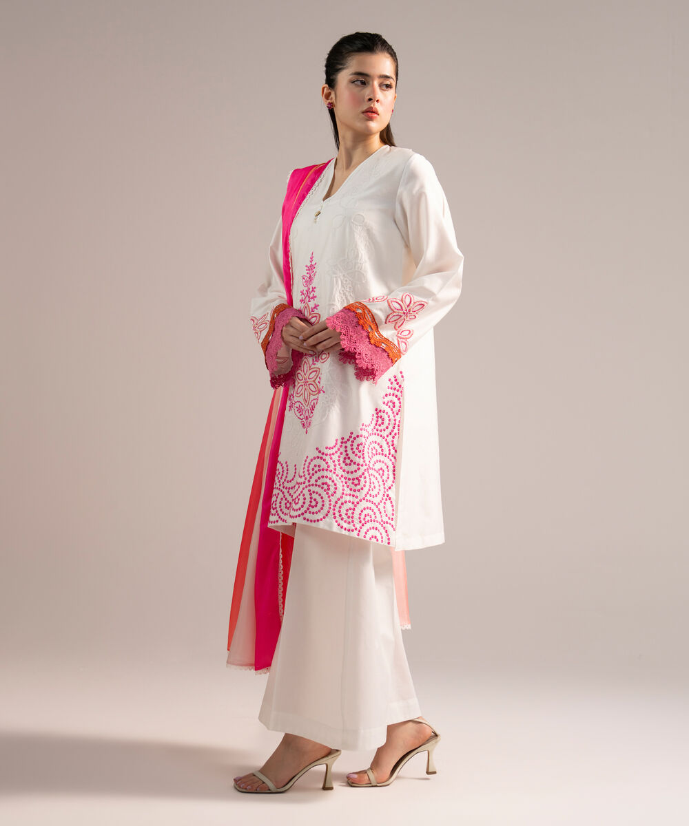 Women's RTW Cotton Satin Embroidered White 2 Piece Suit