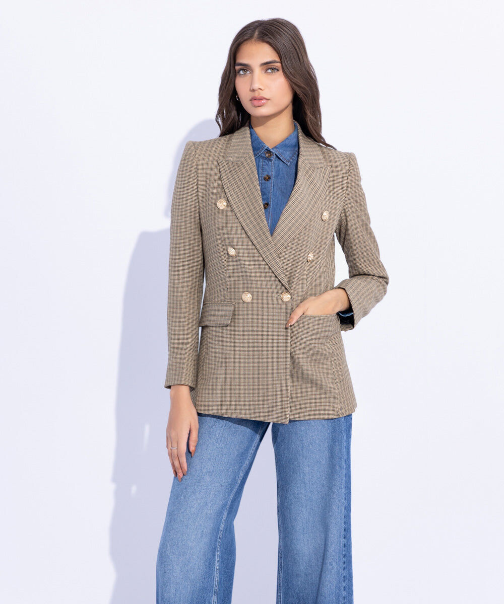 Woman - Brown Plaid Double Breasted Blazer