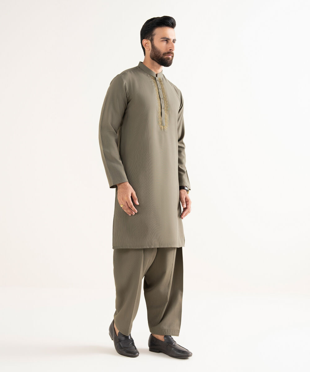 Men's Premium Wash And Wear Embroidered Olive Kurta Shalwar