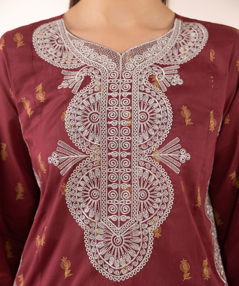 Women's RTW Lawn Red Embroidered A-Line Shirt