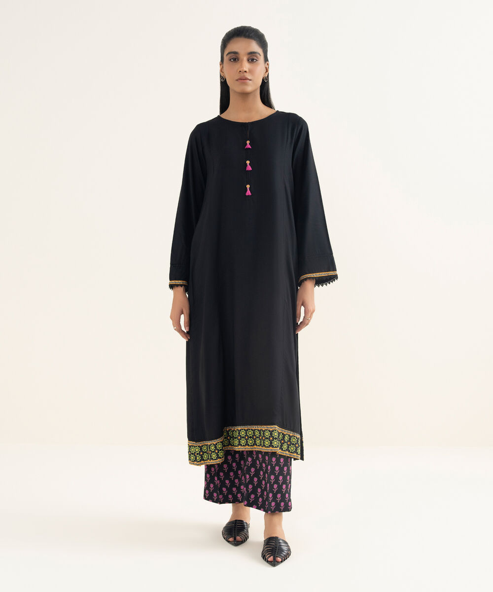 Women's RTW Textured Viscose Solid Black A-Line Shirt