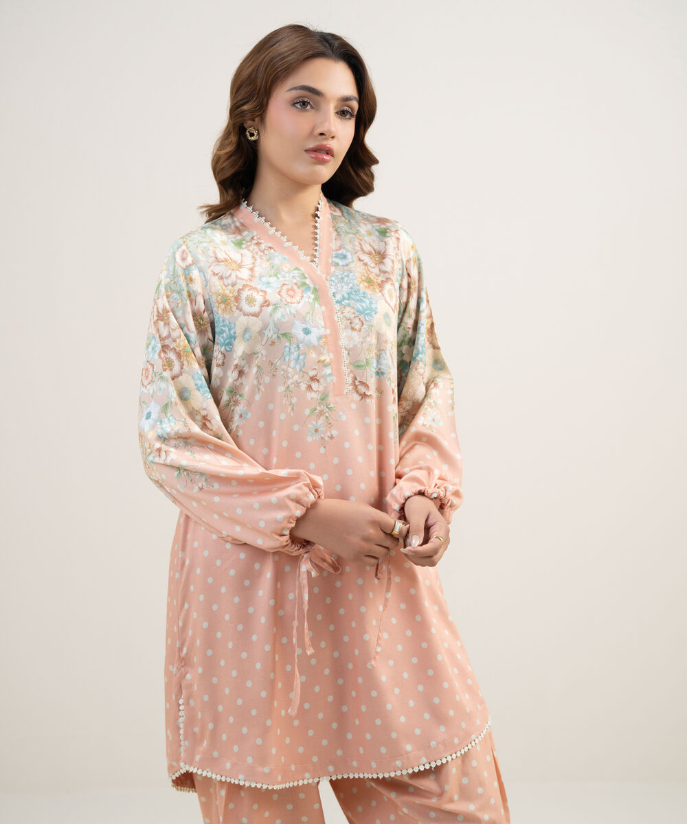 Women's RTW Dobby Printed Pink 2 Piece Suit