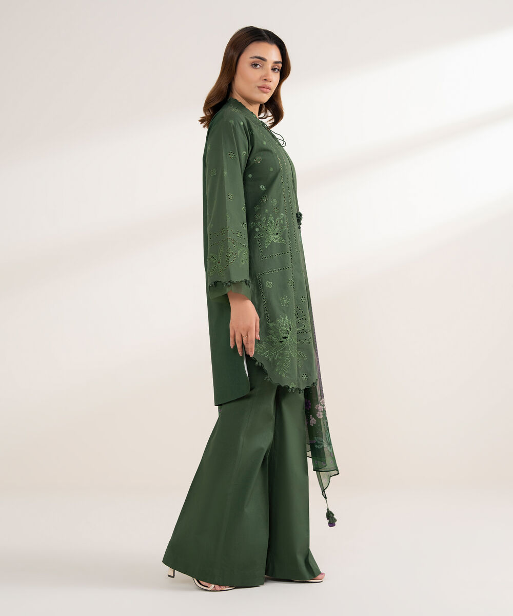 Women's Unstitched Cotton Embroidered Green 3 Piece Suit