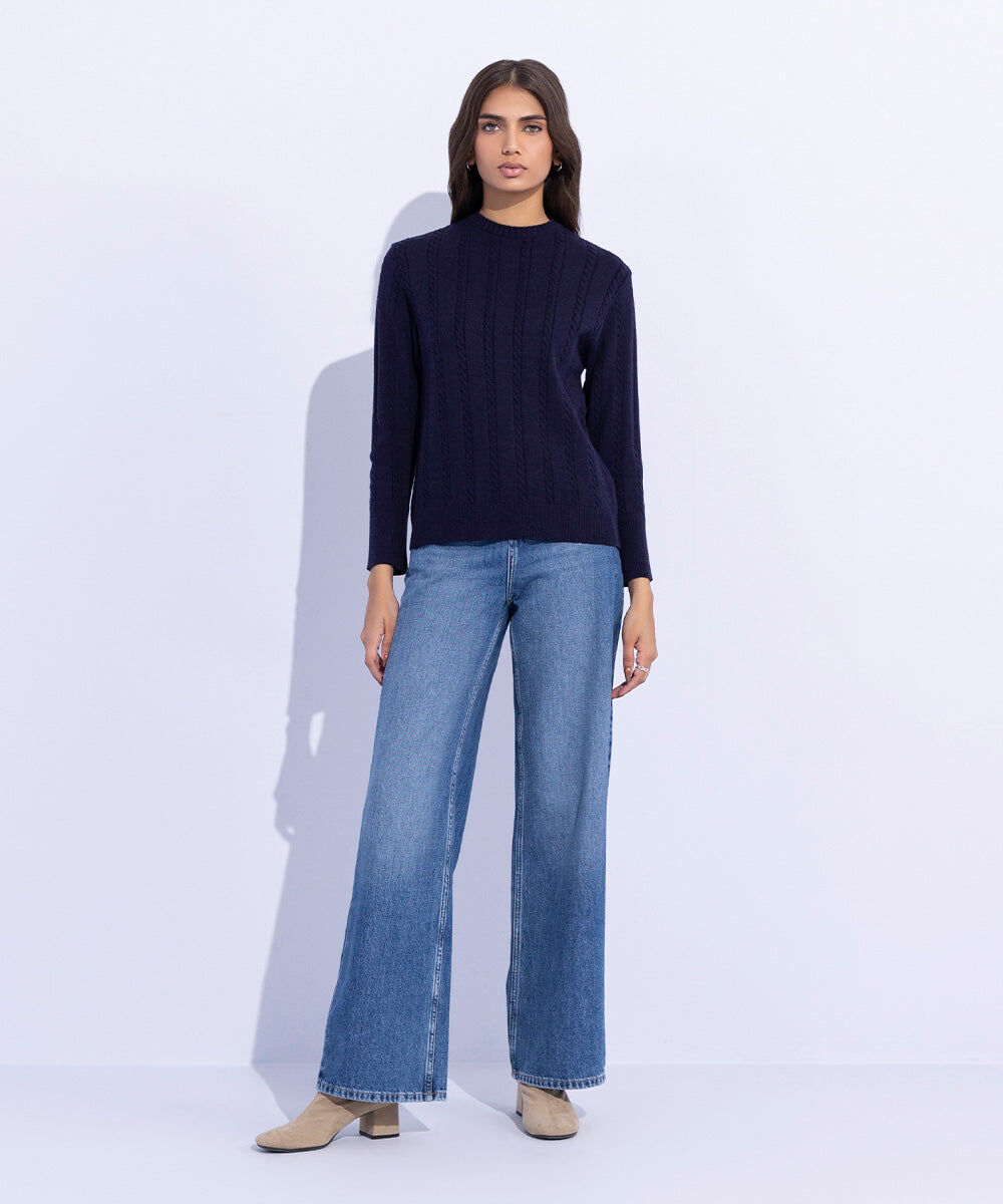 Woman - Blue Cable Knit Slim-Fit Sweater