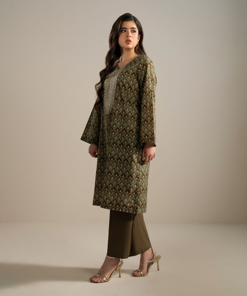 Women's RTW Slub Lawn Embroidered Green Straight Shirt