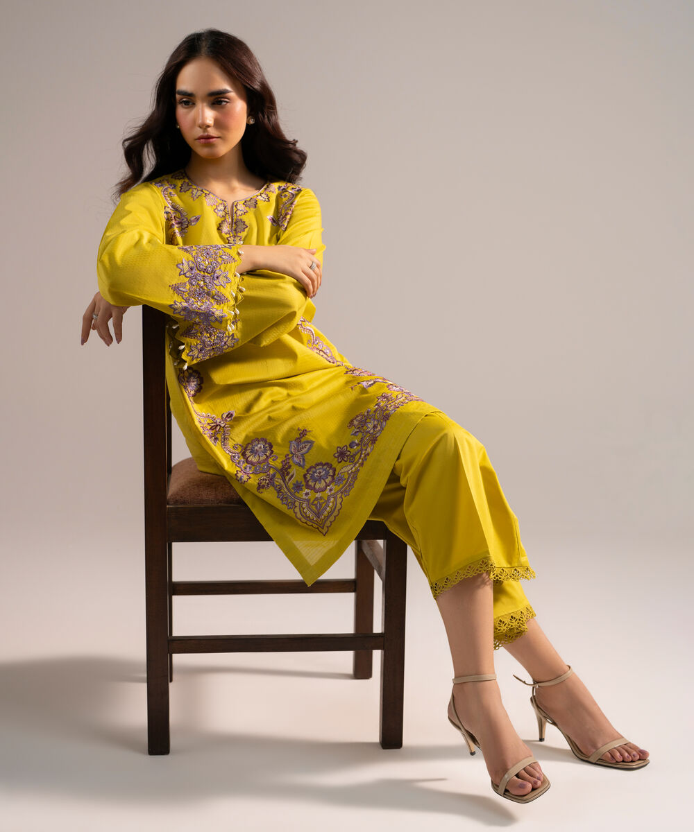 Women's RTW Dobby Embroidered Yellow Straight Shirt