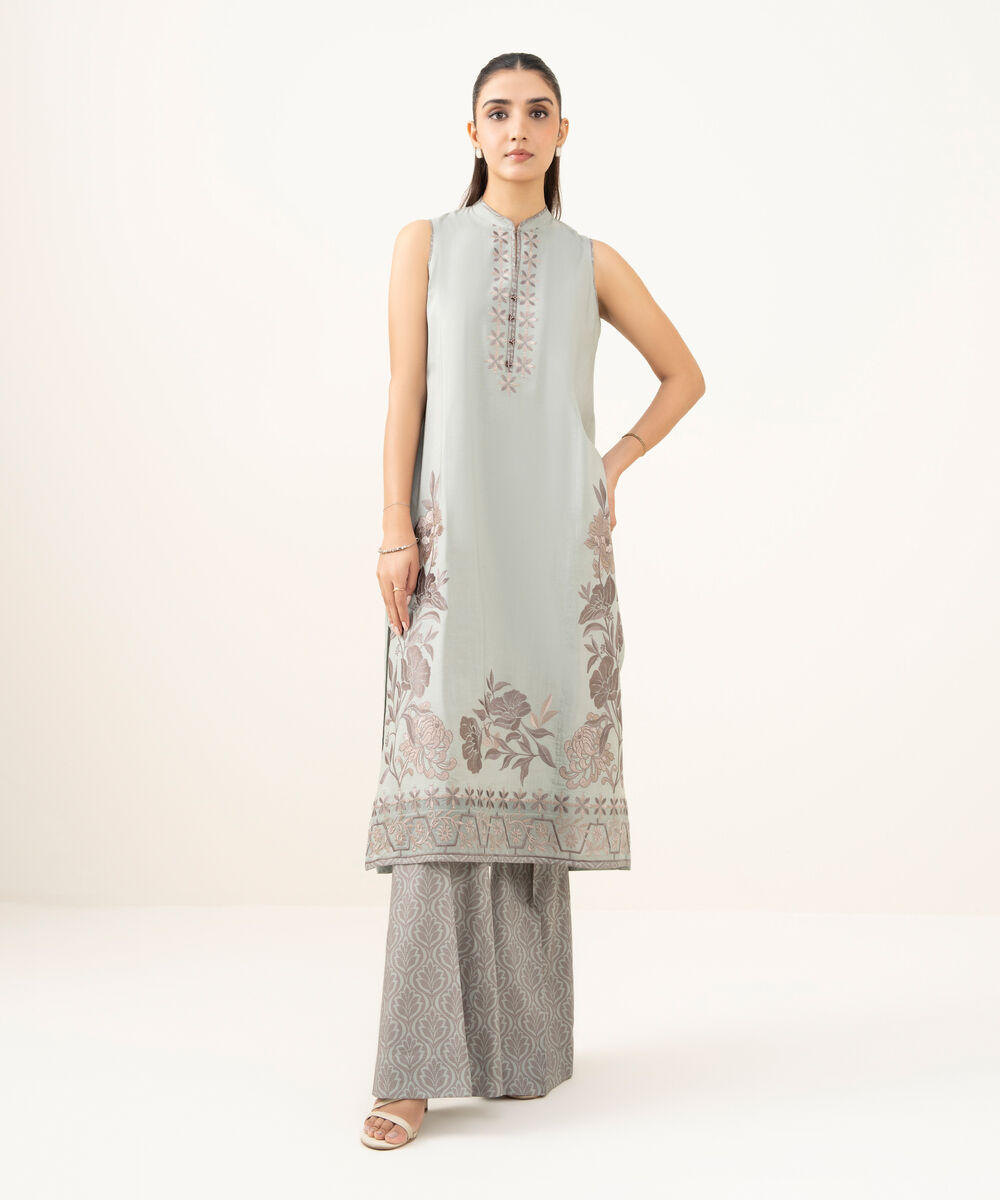 Women's Unstitched Linen Embroidered Grey 2 Piece Suit