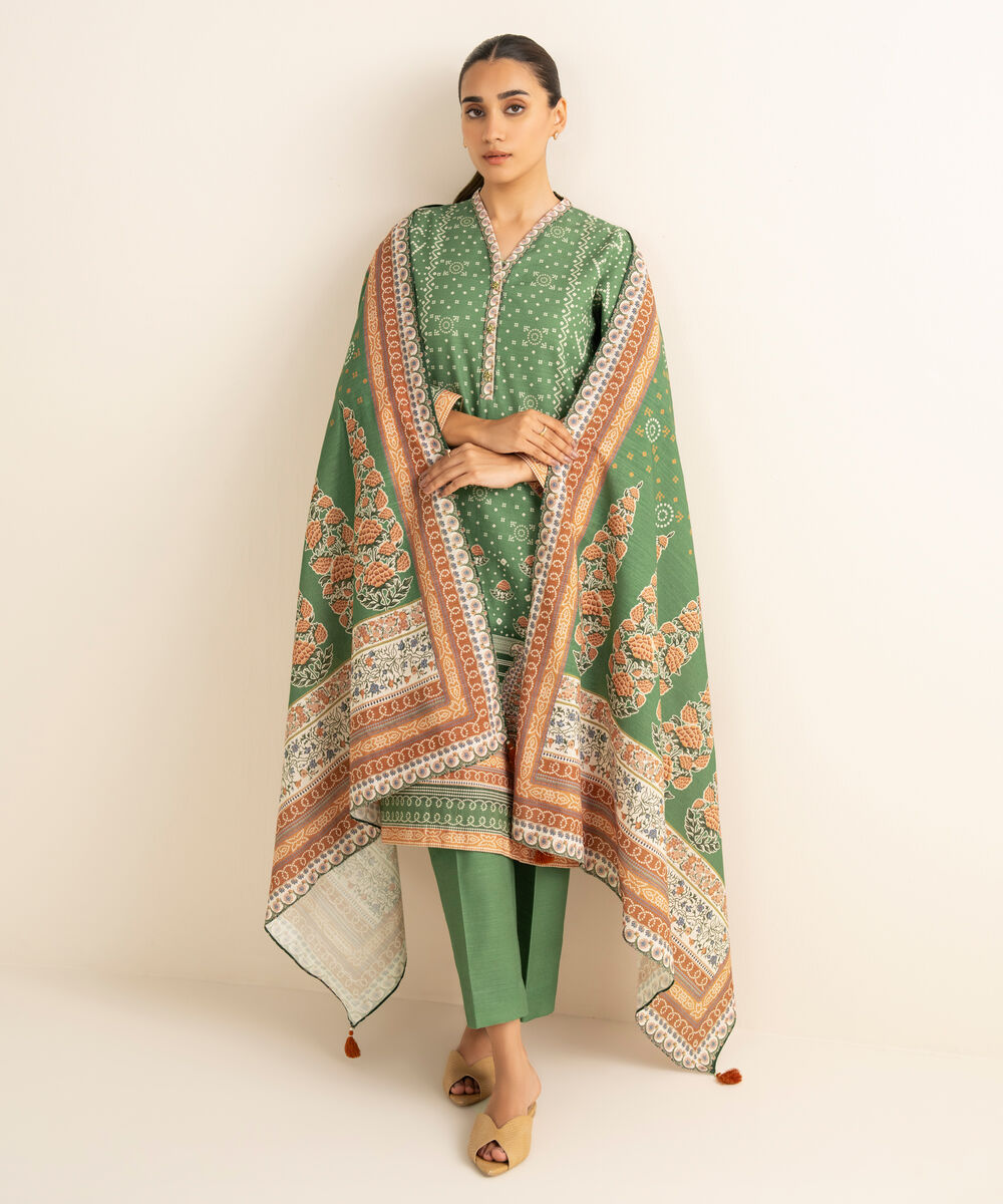 Women's Unstitched Khaddar Printed Green 3 Piece Suit