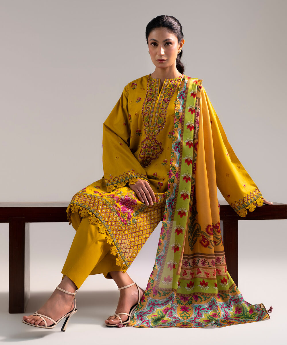 Women's Stitched for You Textured Lawn Yellow Embroidered 3 Piece Suit