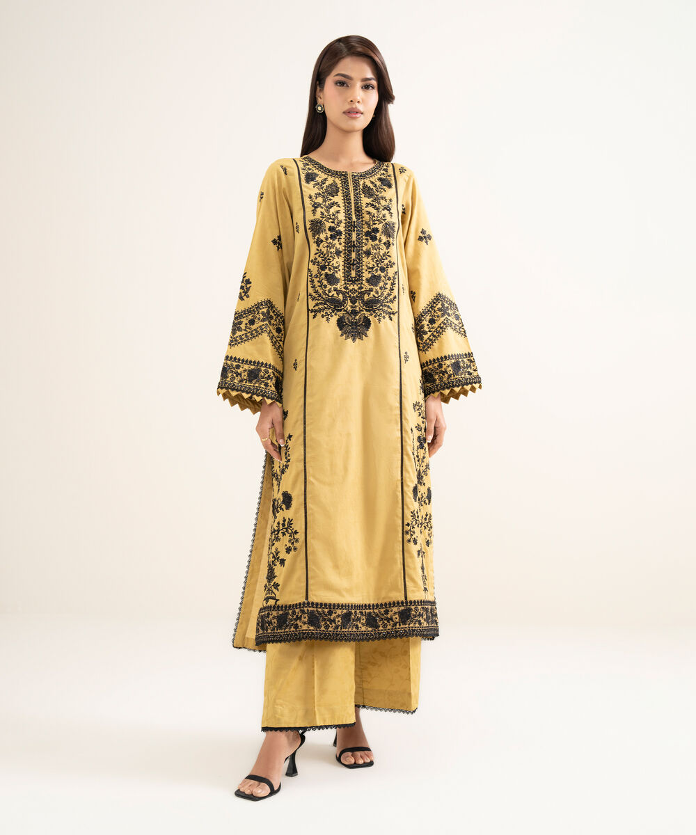 Women's RTW Self Jacquard Embroidered Yellow A-Line Shirt