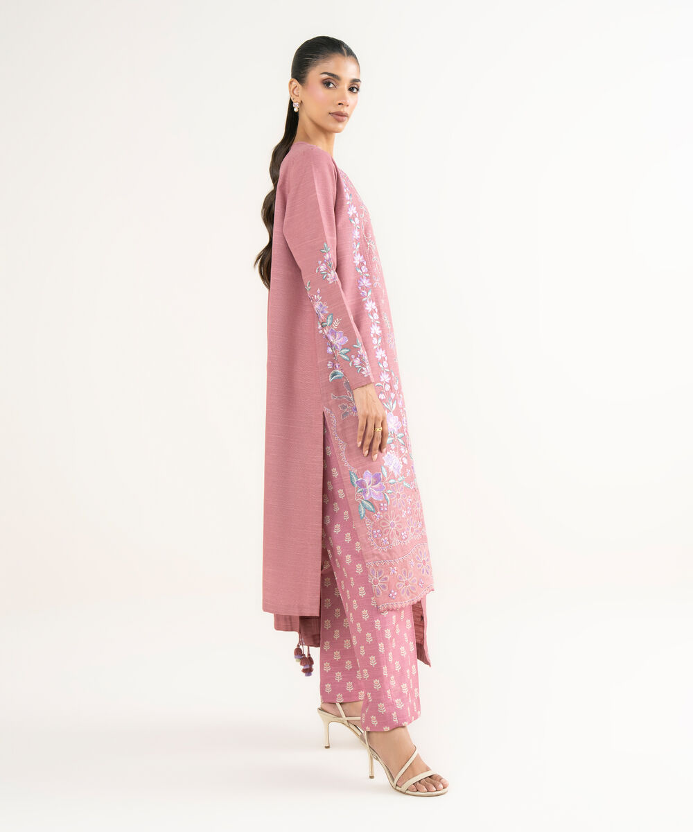 Women's Unstitched Khaddar Embroidered Pink 3 Piece Suit