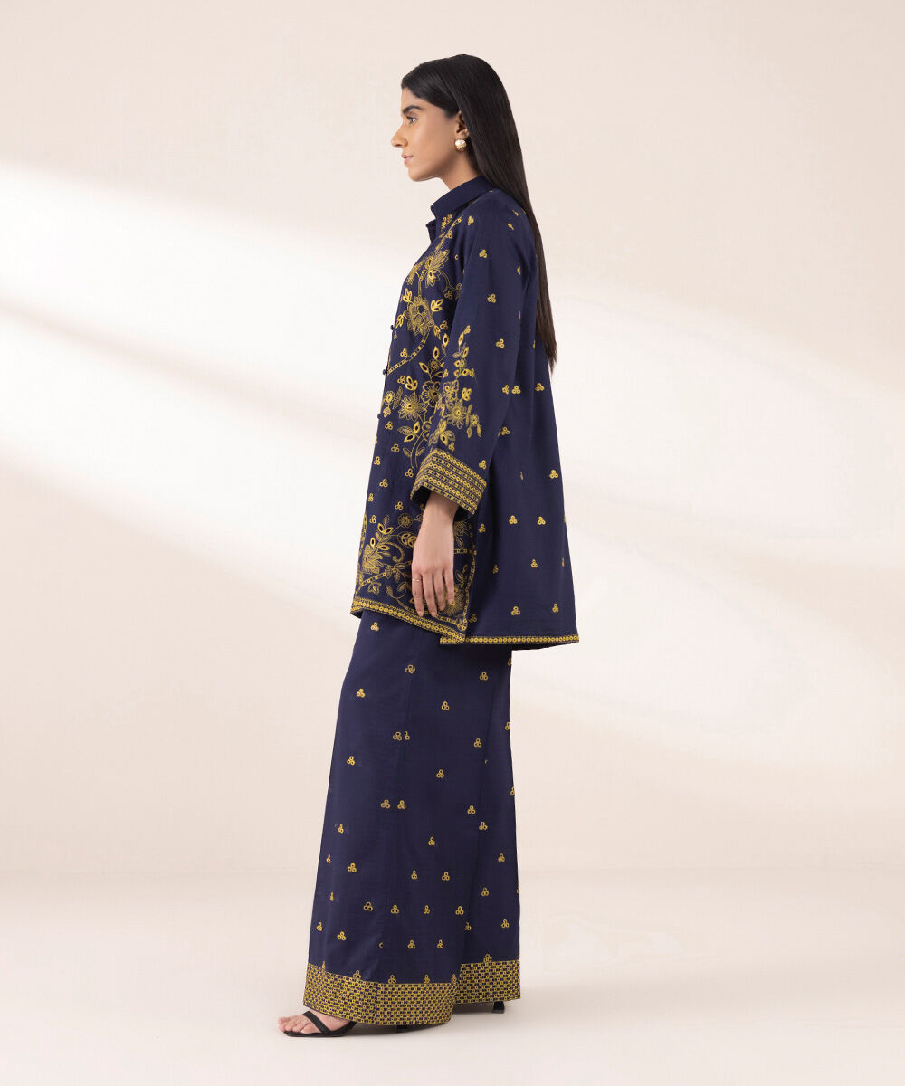 Women's RTW Dobby Blue Embroidered Button Down Shirt