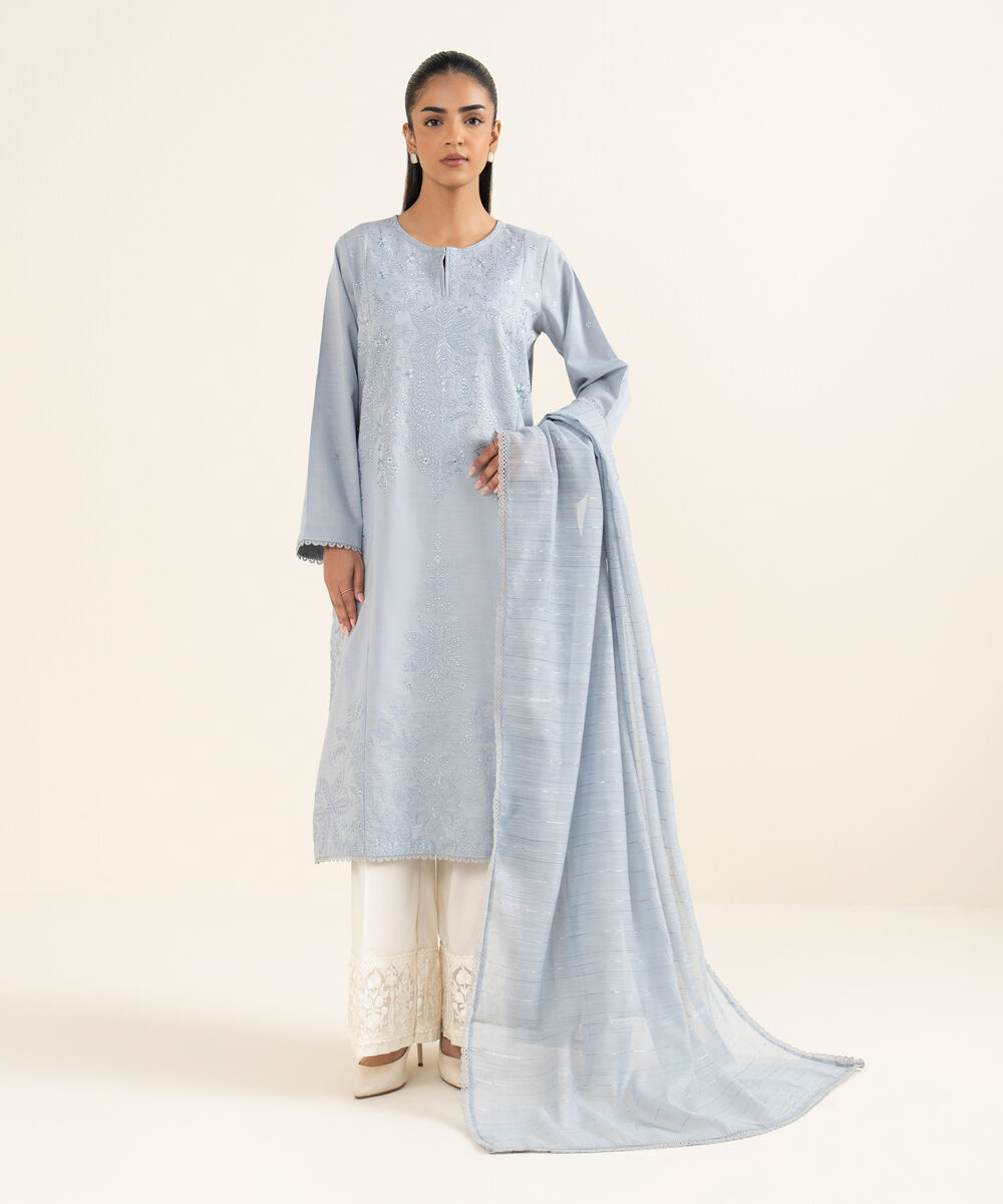 Women's RTW Cotton Embroidered A-Line Ice Blue Shirt