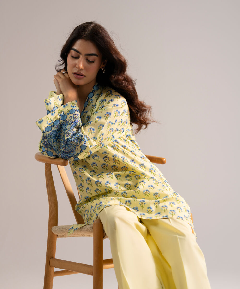 Women's RTW Lawn Embroidered Pale Yellow Straight Shirt