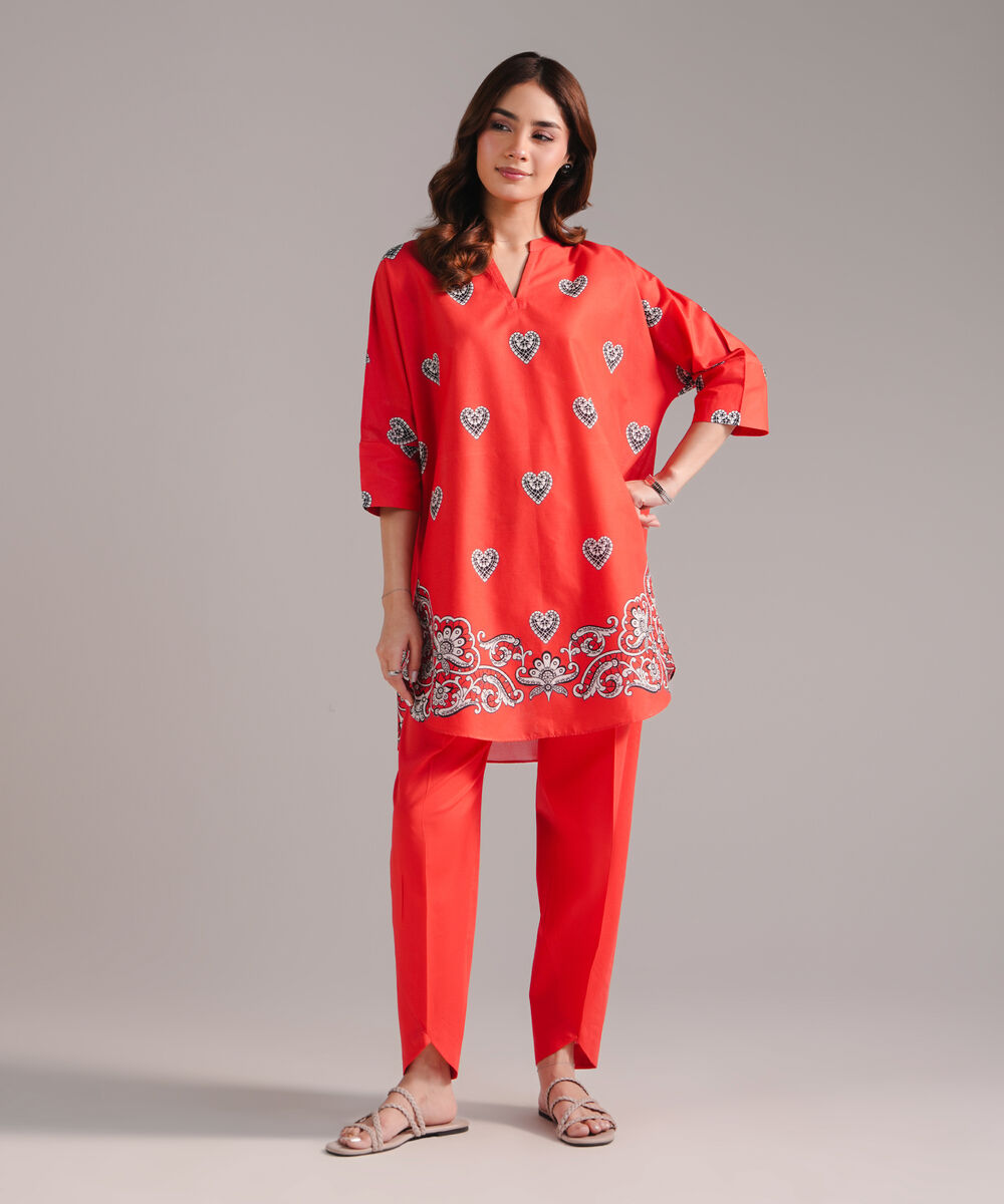 Women's RTW Lawn Printed Red Drop Shoulder Shirt